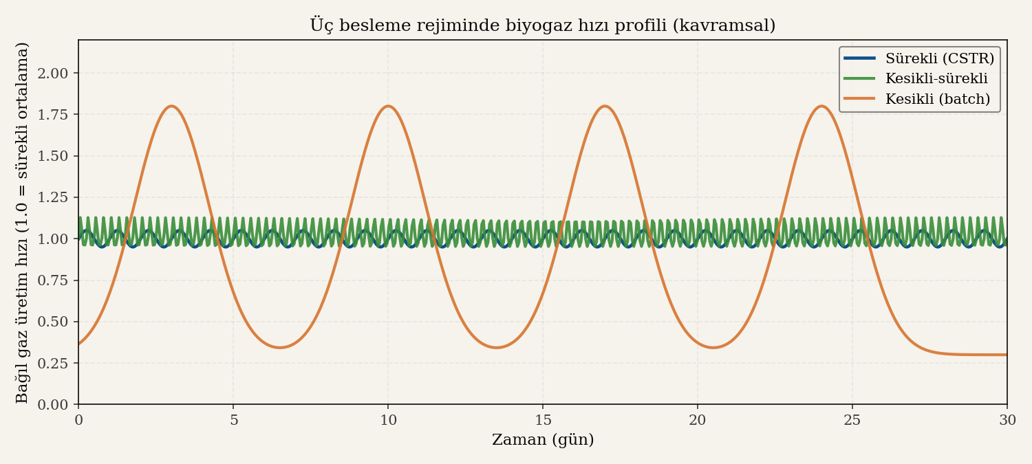 Üç besleme rejiminin biyogaz üretim hızı profili — saha gözlemine göre kavramsal karşılaştırma