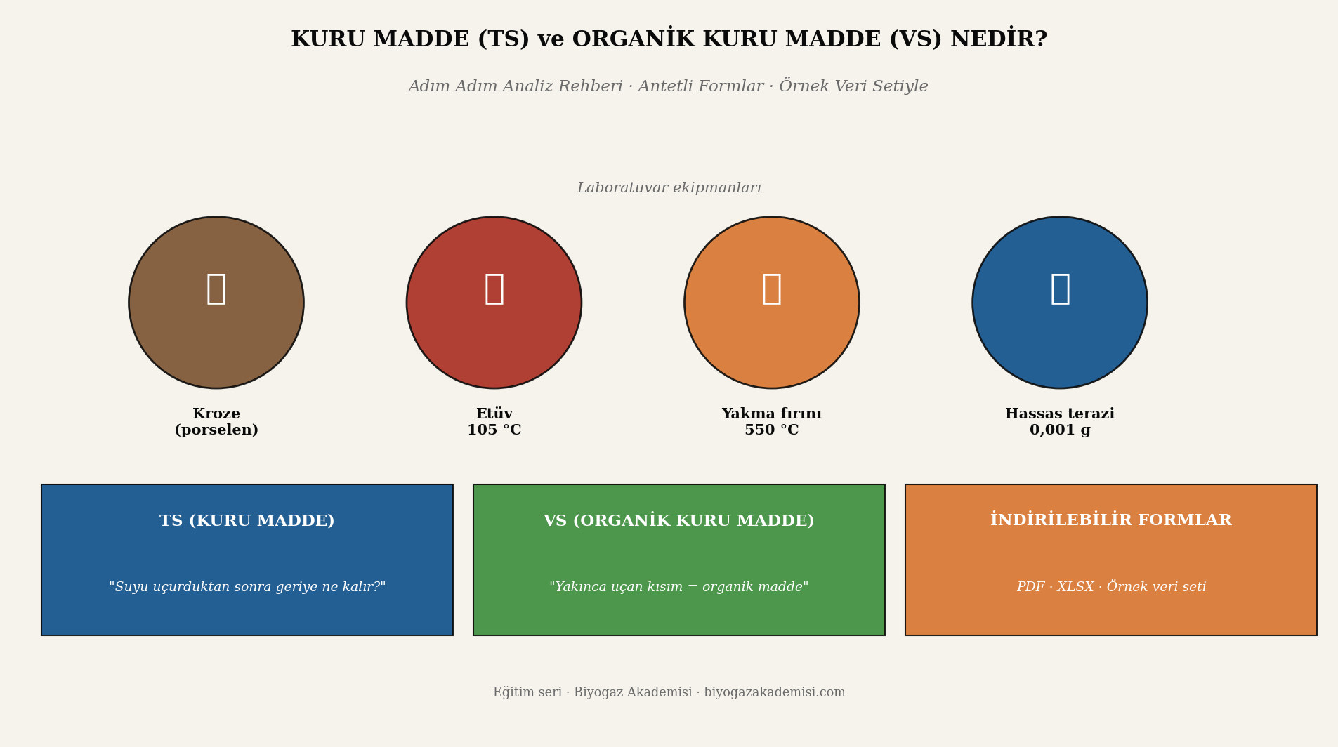 TS ve VS ölçümünde kullanılan dört laboratuvar ekipmanı (kroze, etüv, yakma fırını, hassas terazi) kompozit kapağı; alt bantta üç ana mesaj kutusu.